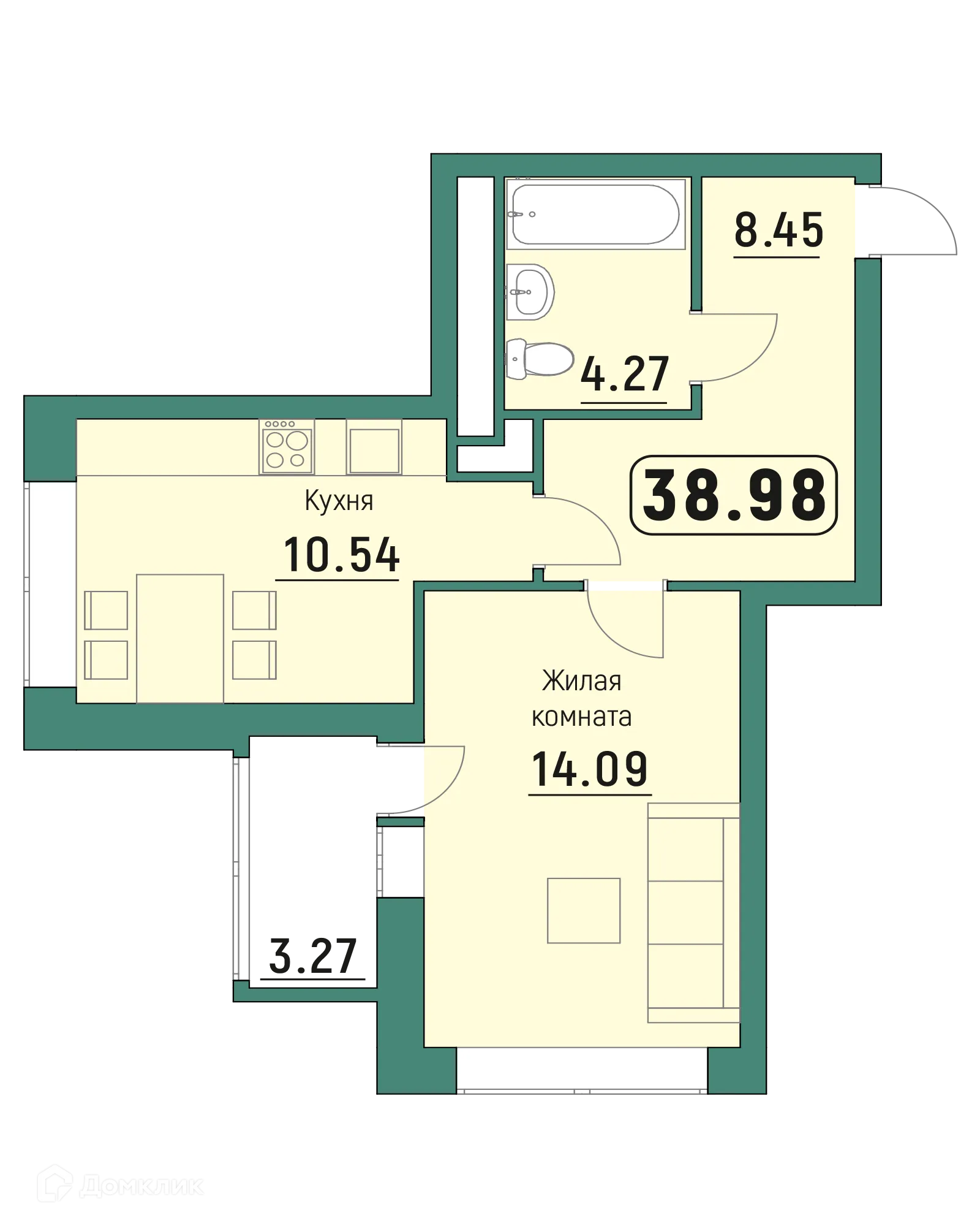 Планировка 1-комнатной квартиры 38.98 м² в ЖК "Куба", г. Калуга — фото 1