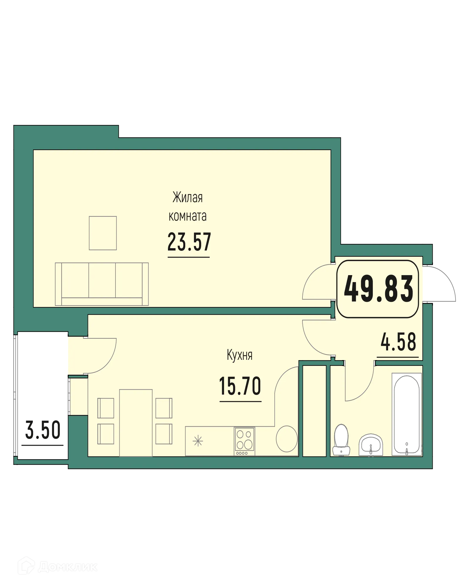 Планировка 1-комнатной квартиры 49.83 м² в ЖК "Куба", г. Калуга — фото 1