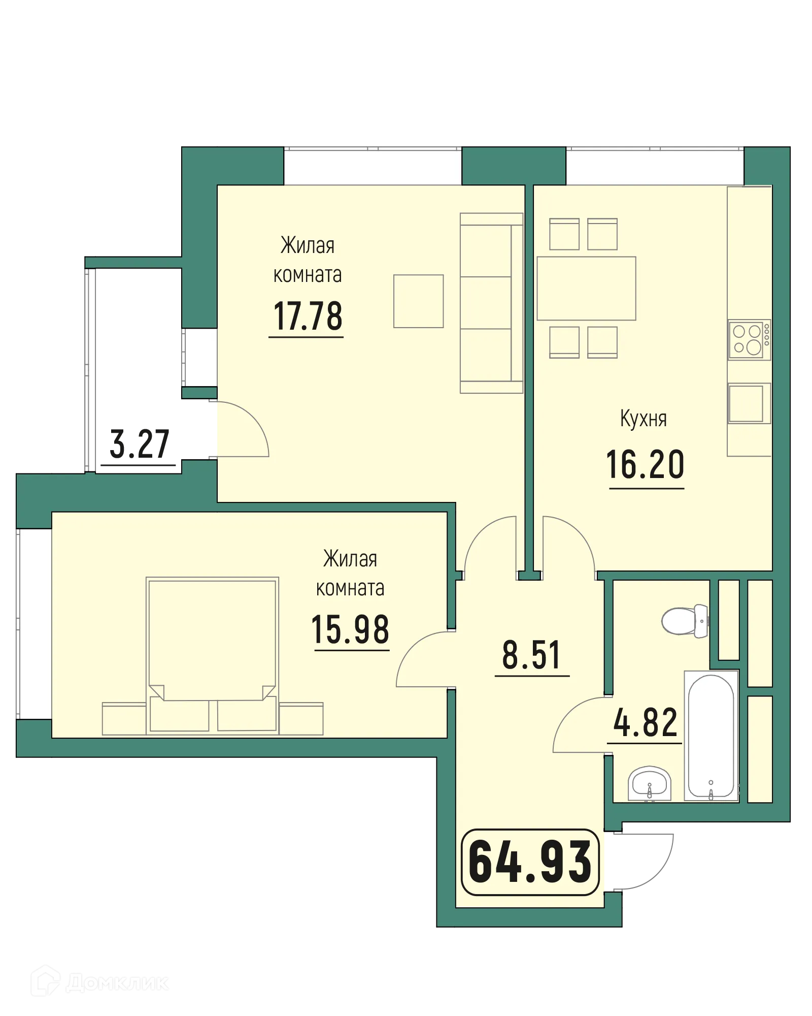 Планировка 2-комнатной квартиры 64.93 м² в ЖК "Куба", г. Калуга — фото 1