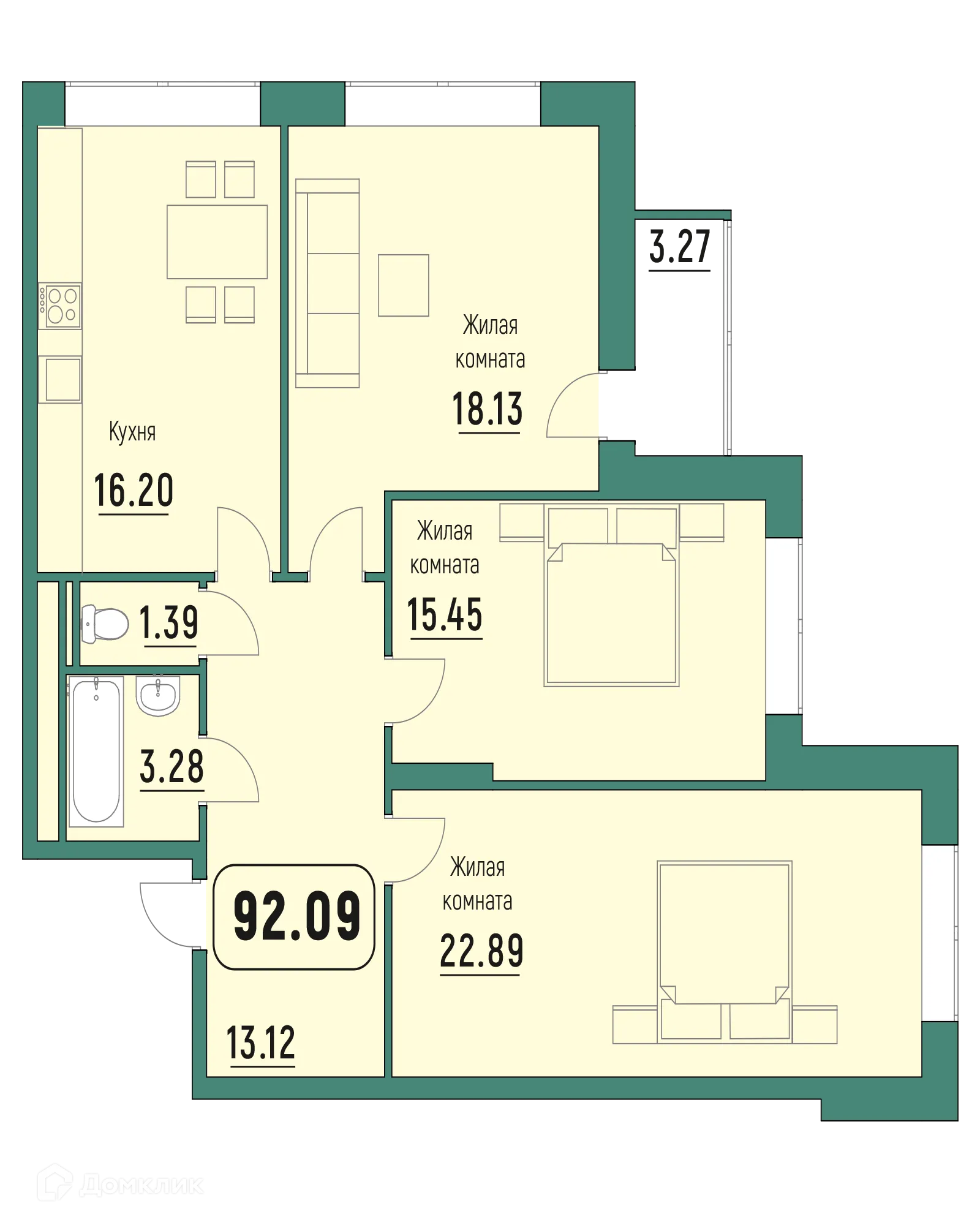 Планировка 3-комнатной квартиры 92.09 м² в ЖК "Куба", г. Калуга — фото 1