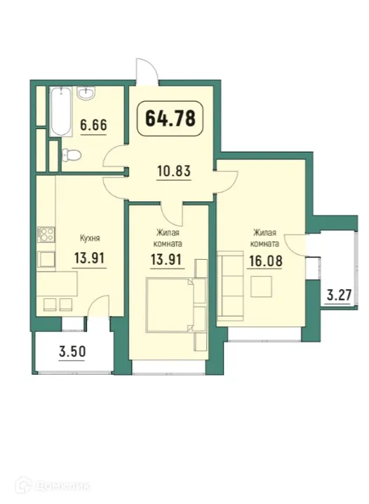 Планировка 2-комнатной квартиры 64.78 м² в ЖК "Куба", г. Калуга — фото 1