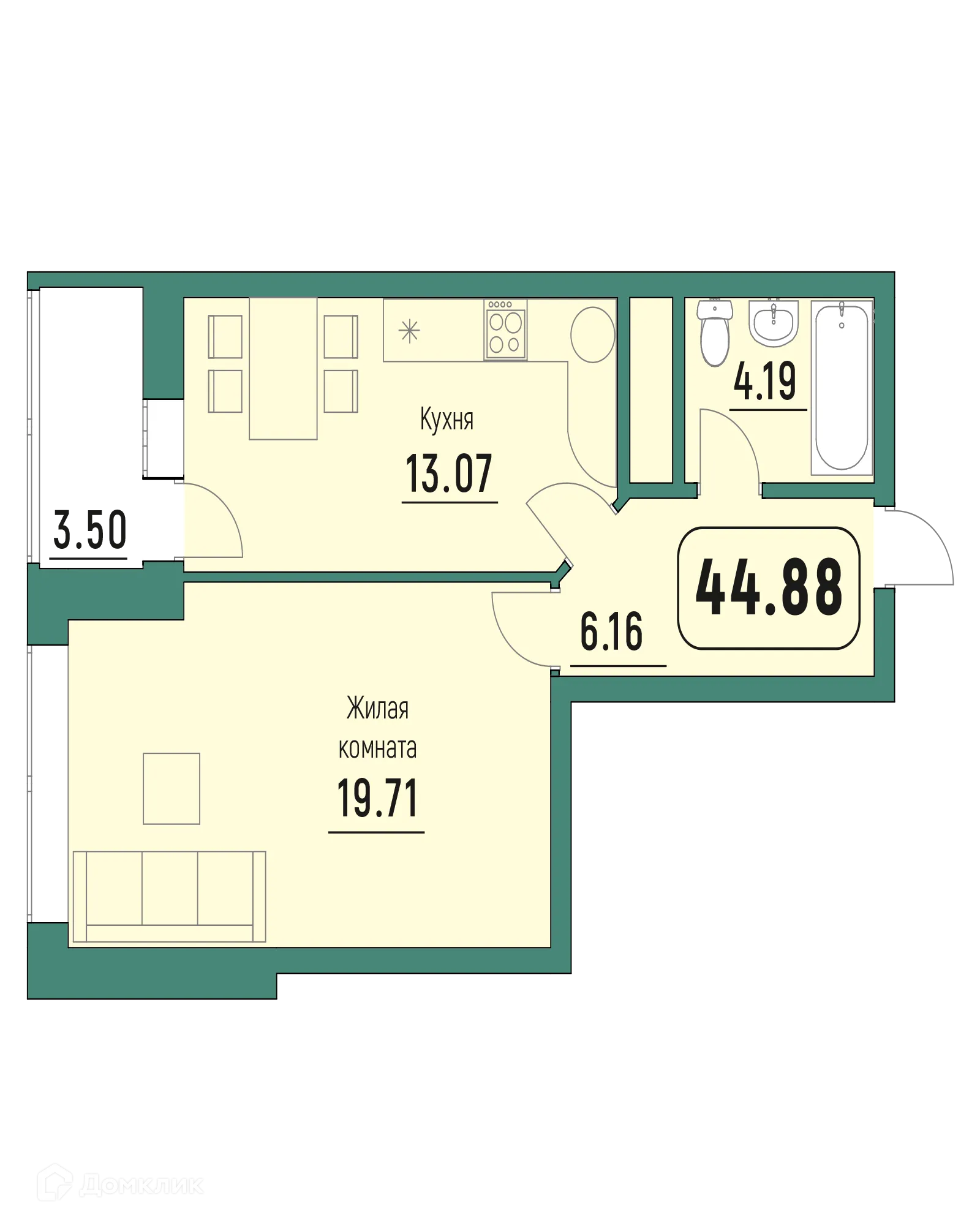Планировка 1-комнатной квартиры 44.88 м² в ЖК "Куба", г. Калуга — фото 1