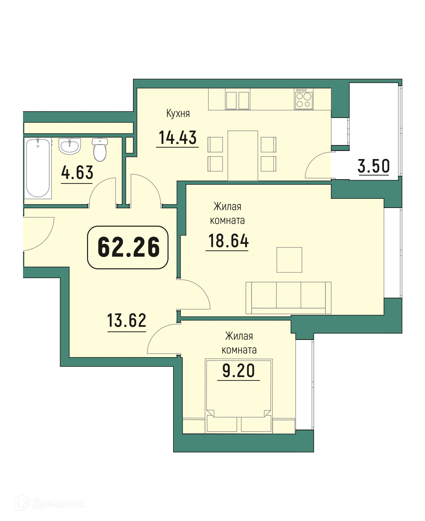 Планировка 2-комнатной квартиры 62.26 м² в ЖК "Куба", г. Калуга — фото 1