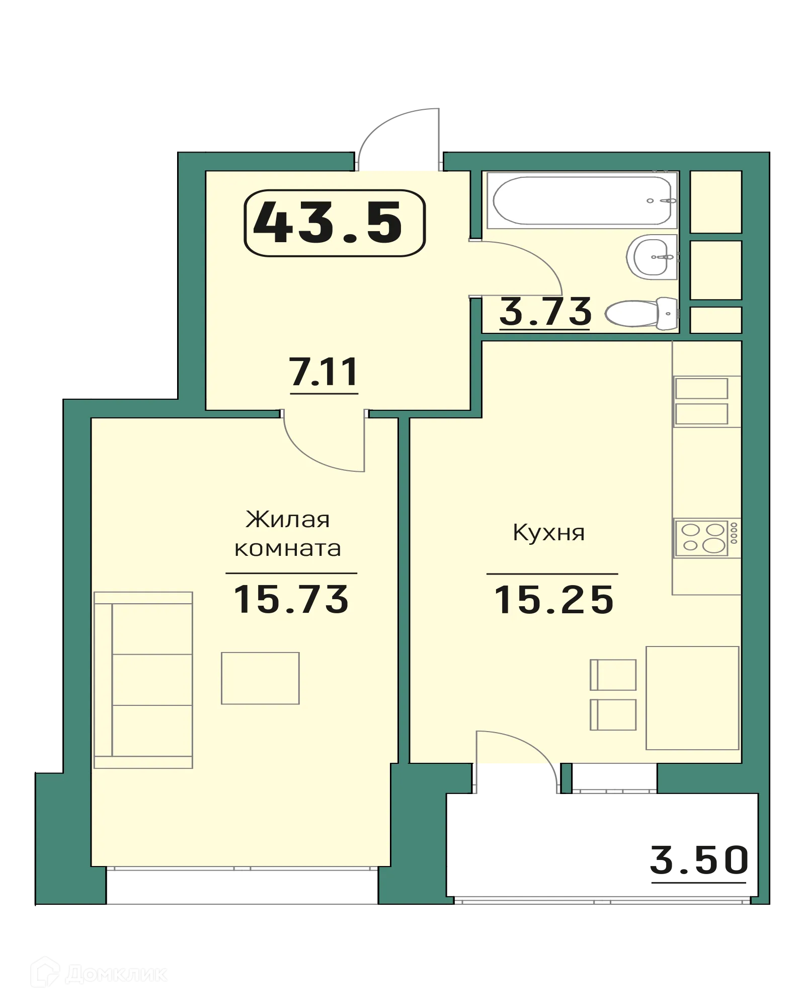 Планировка 1-комнатной квартиры 43.57 м² в ЖК "Куба", г. Калуга — фото 1