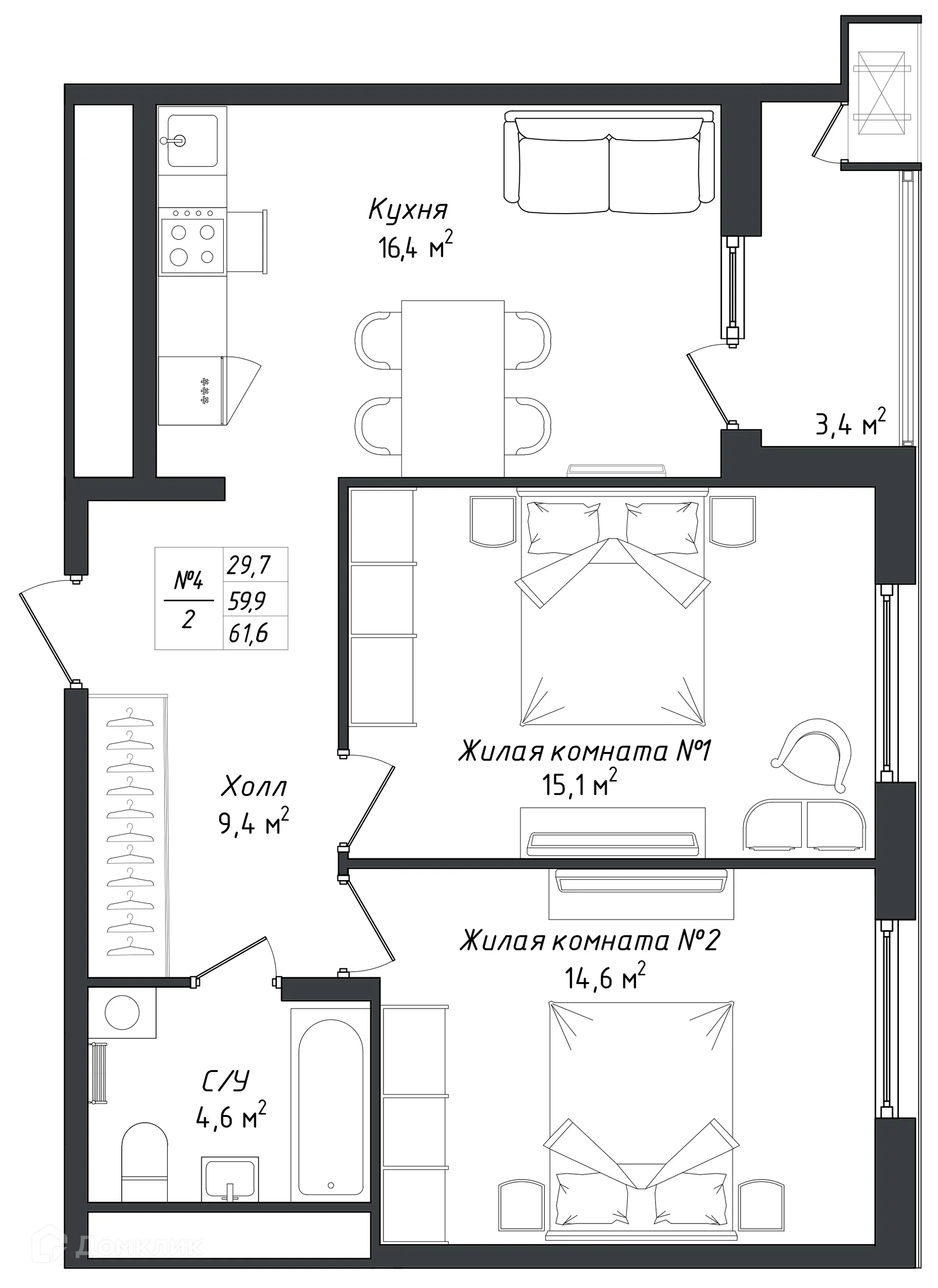 Планировка 2-комнатной квартиры 61.9 м² в ЖК "Комфорт парк", г. Калуга — фото 1