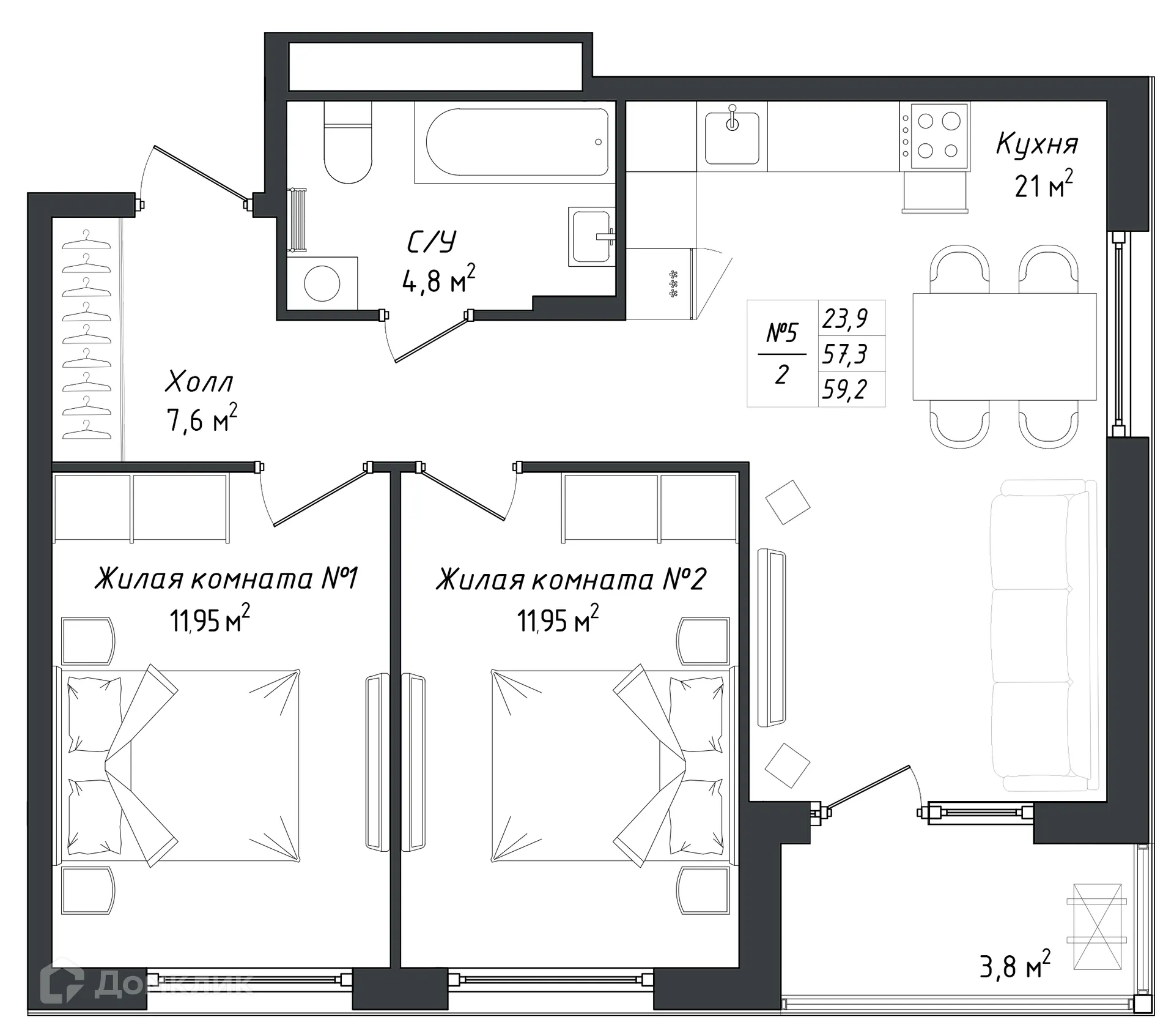 Планировка 2-комнатной квартиры 59.4 м² в ЖК "Комфорт парк", г. Калуга — фото 1
