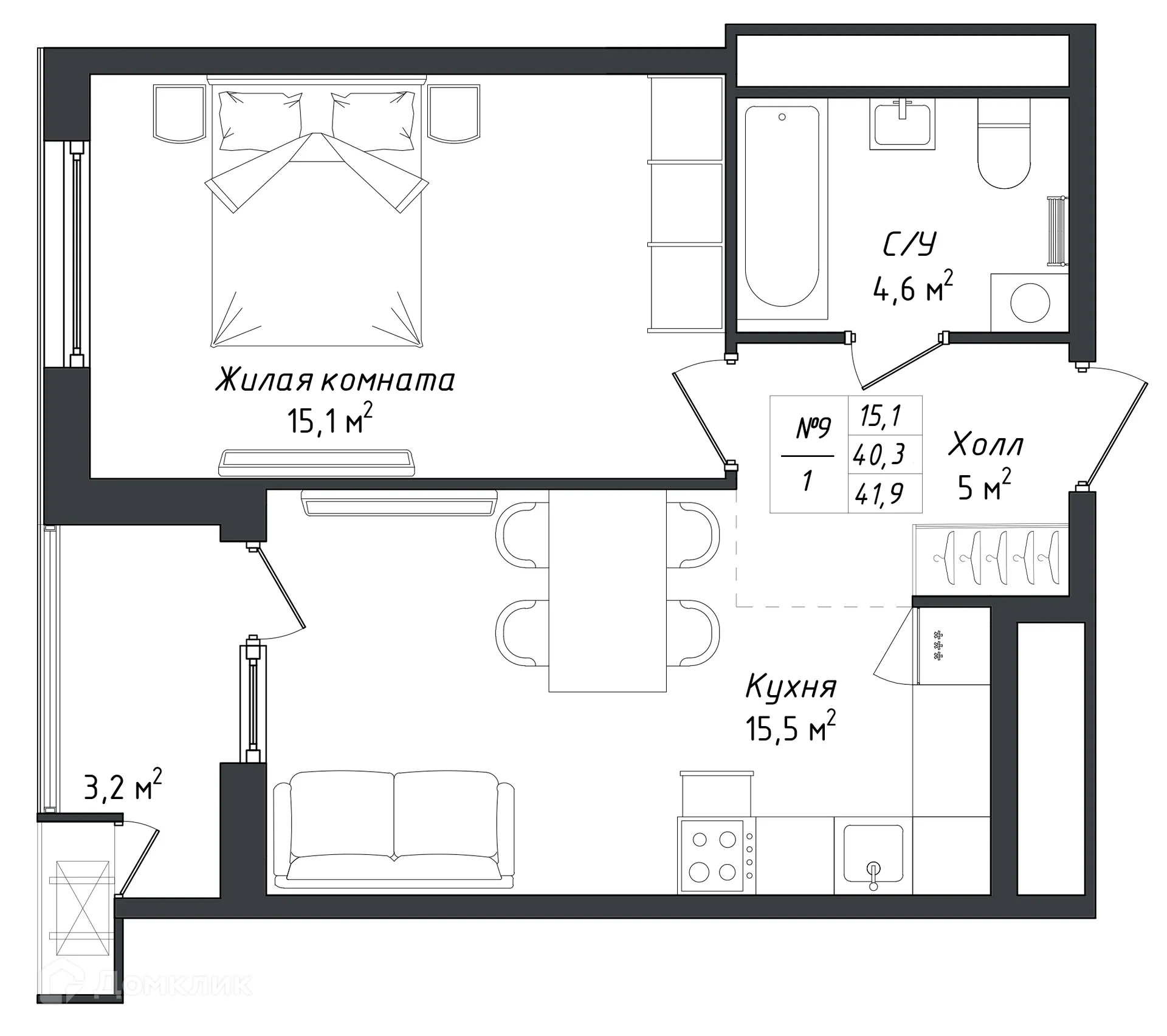 Планировка 1-комнатной квартиры 42.2 м² в ЖК "Комфорт парк", г. Калуга — фото 1