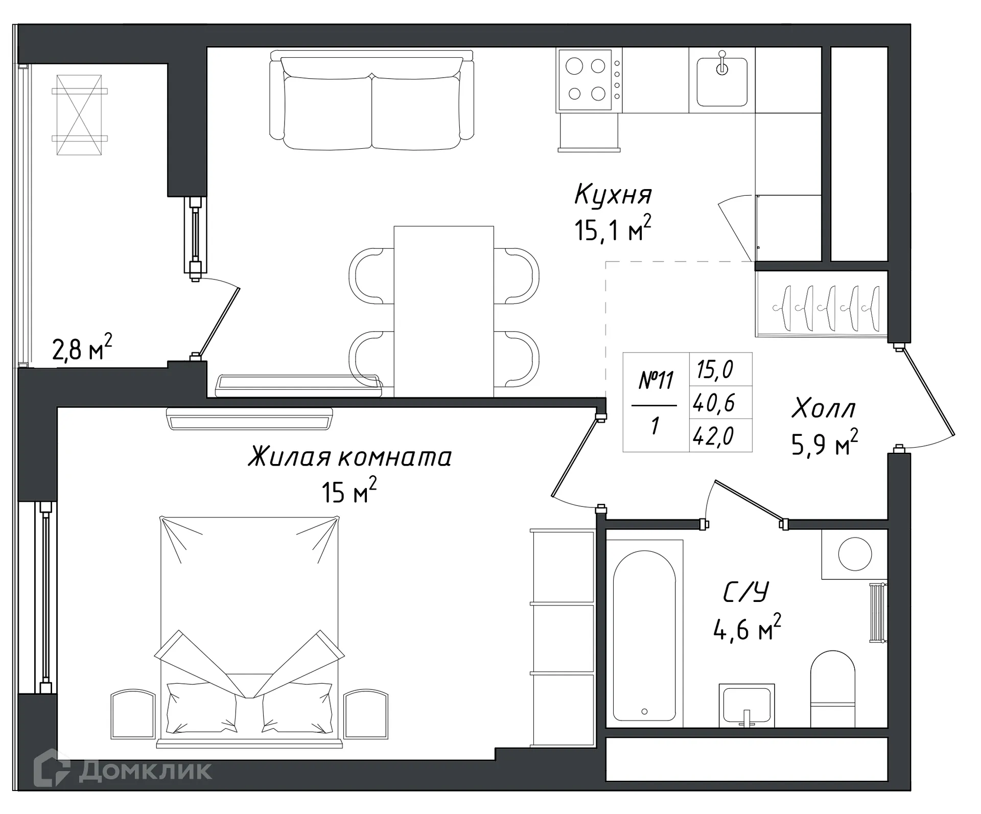 Планировка 1-комнатной квартиры 44.4 м² в ЖК "Комфорт парк", г. Калуга — фото 1