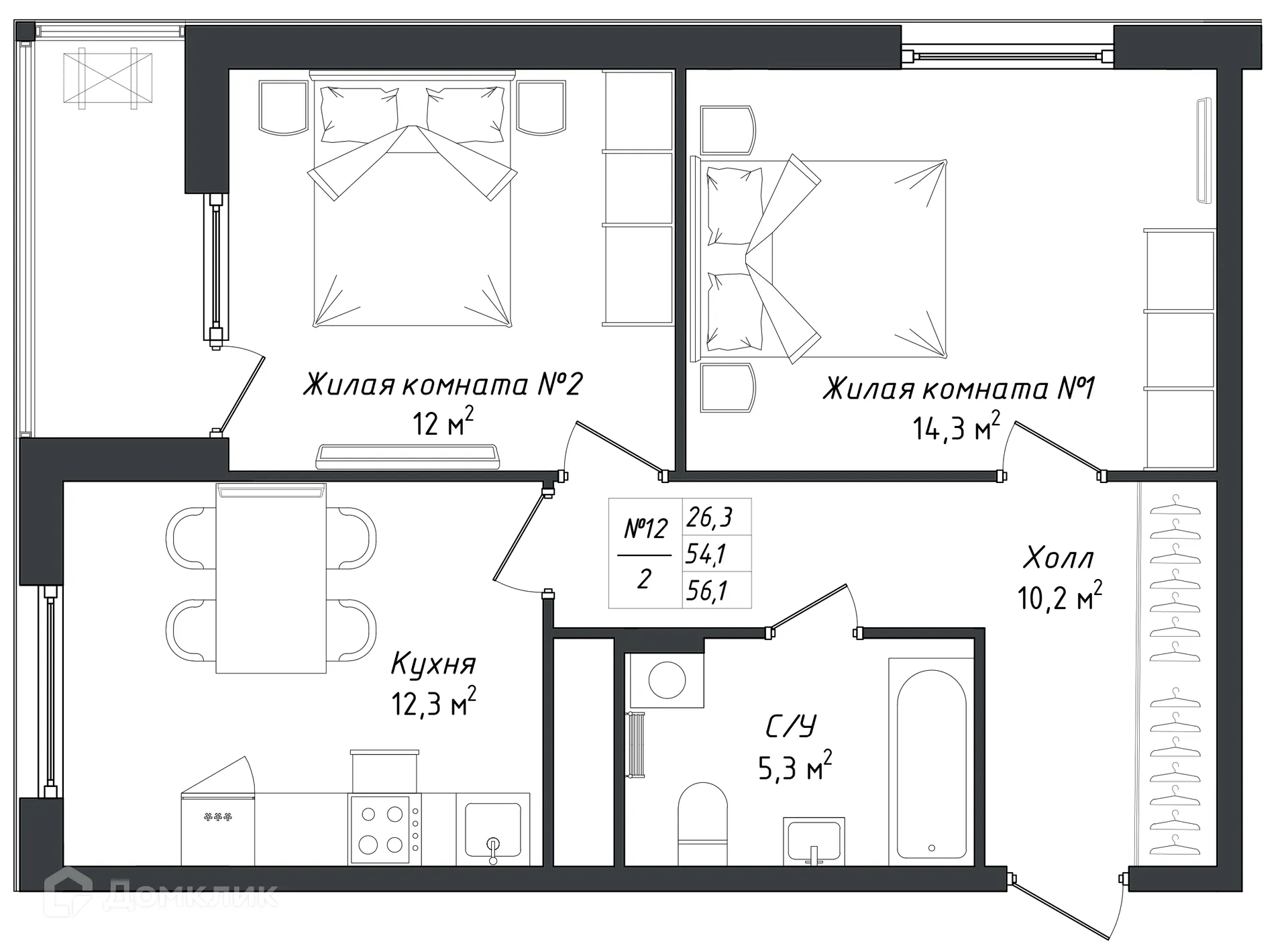 Планировка 2-комнатной квартиры 56.3 м² в ЖК "Комфорт парк", г. Калуга — фото 1