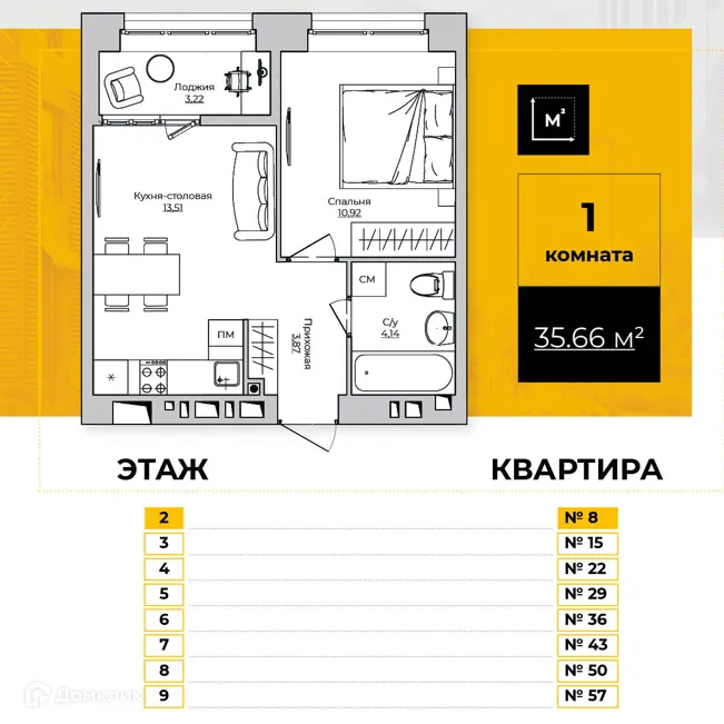 Планировка 1-комнатной квартиры 35.66 м² в ЖК Жилые кварталы ОСТРОВА, г. Калуга — фото 1