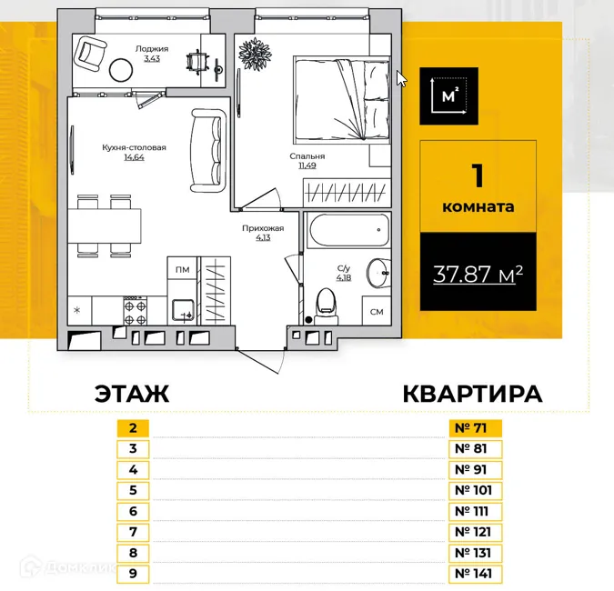 Планировка 1-комнатной квартиры 37.87 м² в ЖК Жилые кварталы ОСТРОВА, г. Калуга — фото 1