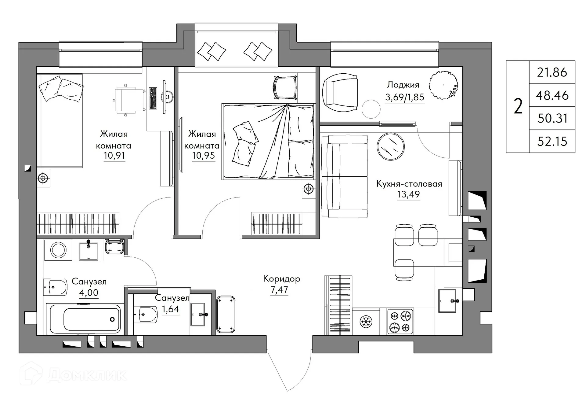 Планировка 2-комнатной квартиры 52.15 м² в ЖК Жилые кварталы ОСТРОВА, г. Калуга — фото 1