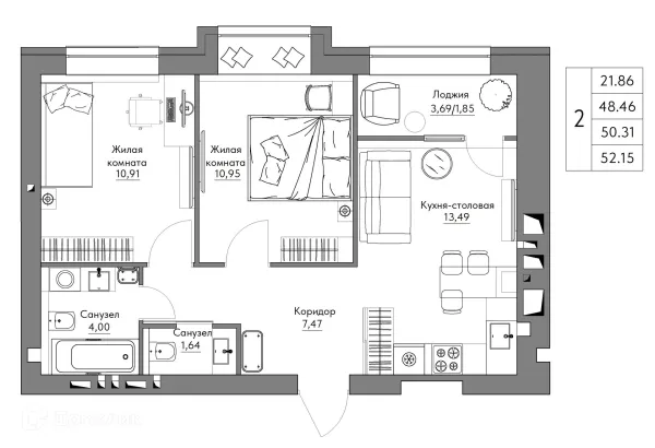Планировка 2 комн. в ЖК Жилые кварталы ОСТРОВА
