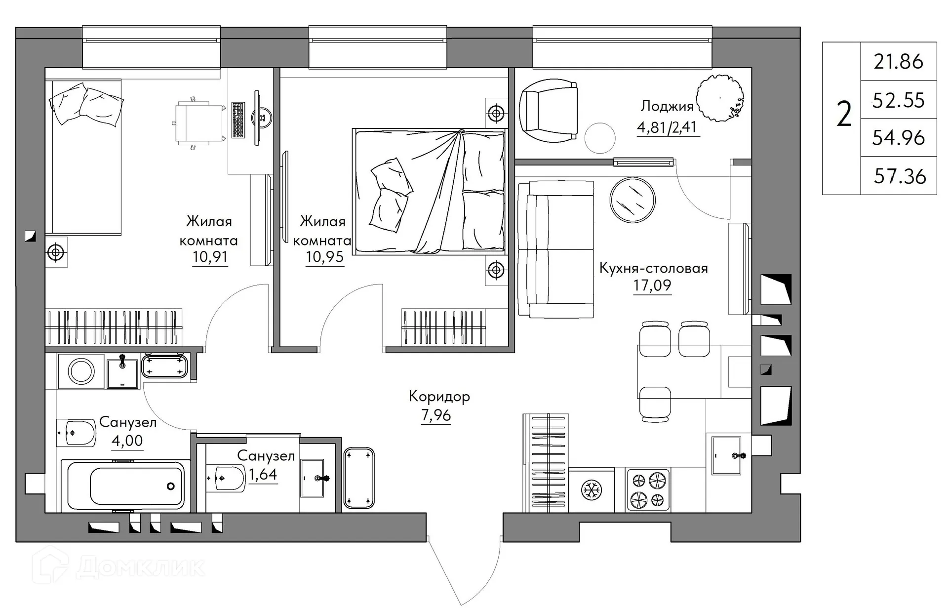 Планировка 2-комнатной квартиры 57.36 м² в ЖК Жилые кварталы ОСТРОВА, г. Калуга — фото 1