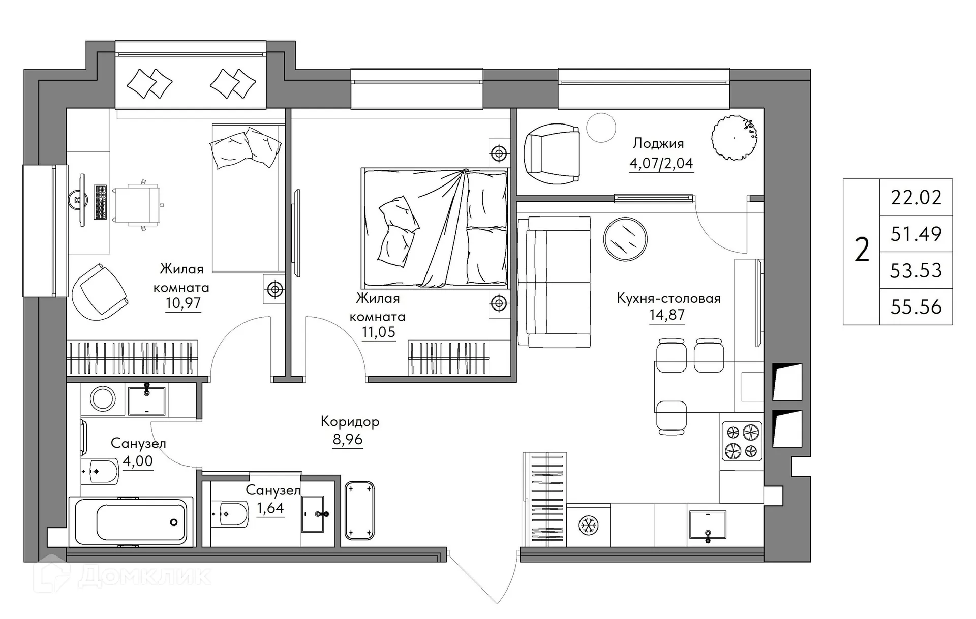 Планировка 2-комнатной квартиры 55.56 м² в ЖК Жилые кварталы ОСТРОВА, г. Калуга — фото 1