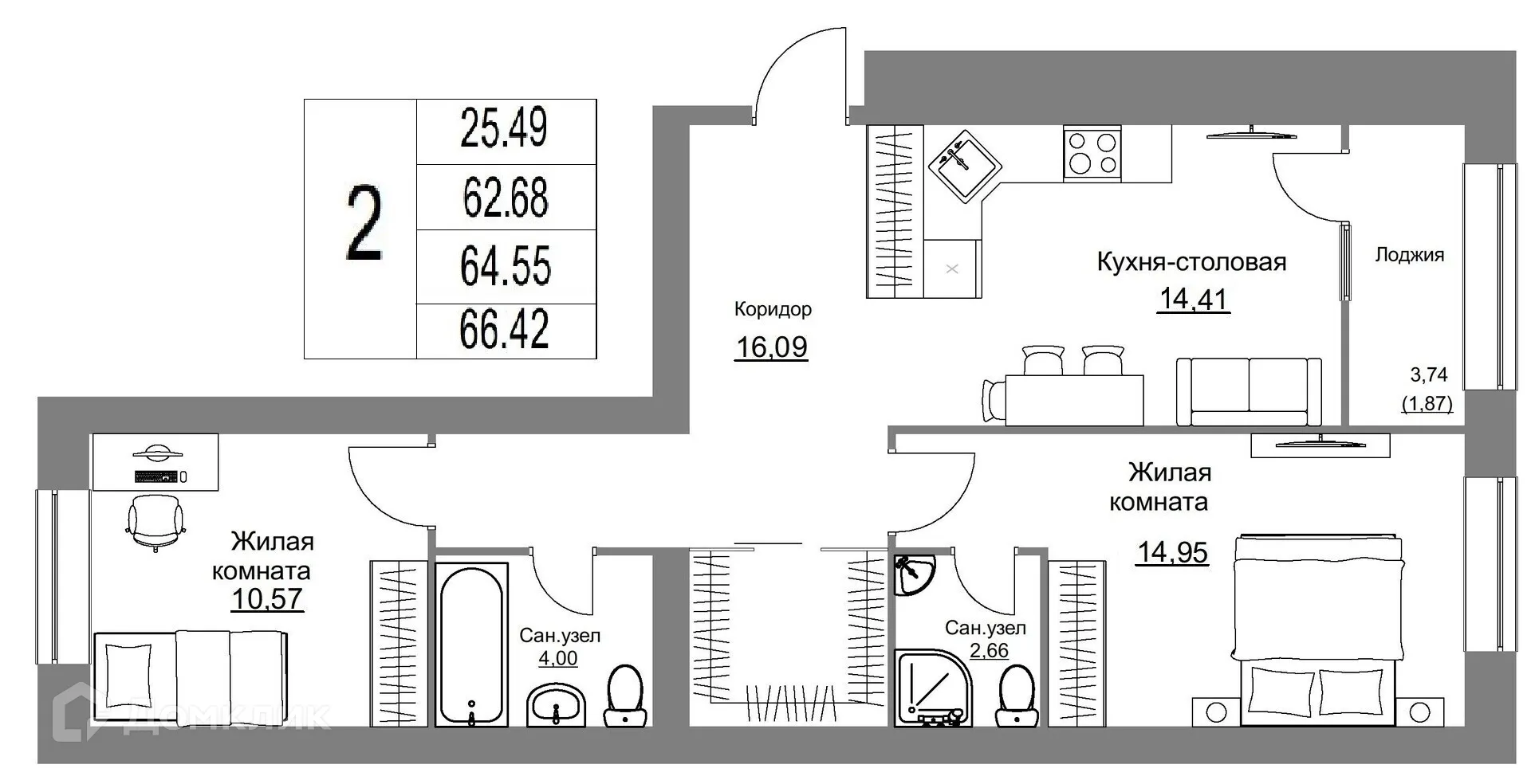 Планировка 2-комнатной квартиры 66.42 м² в ЖК Жилые кварталы ОСТРОВА, г. Калуга — фото 1
