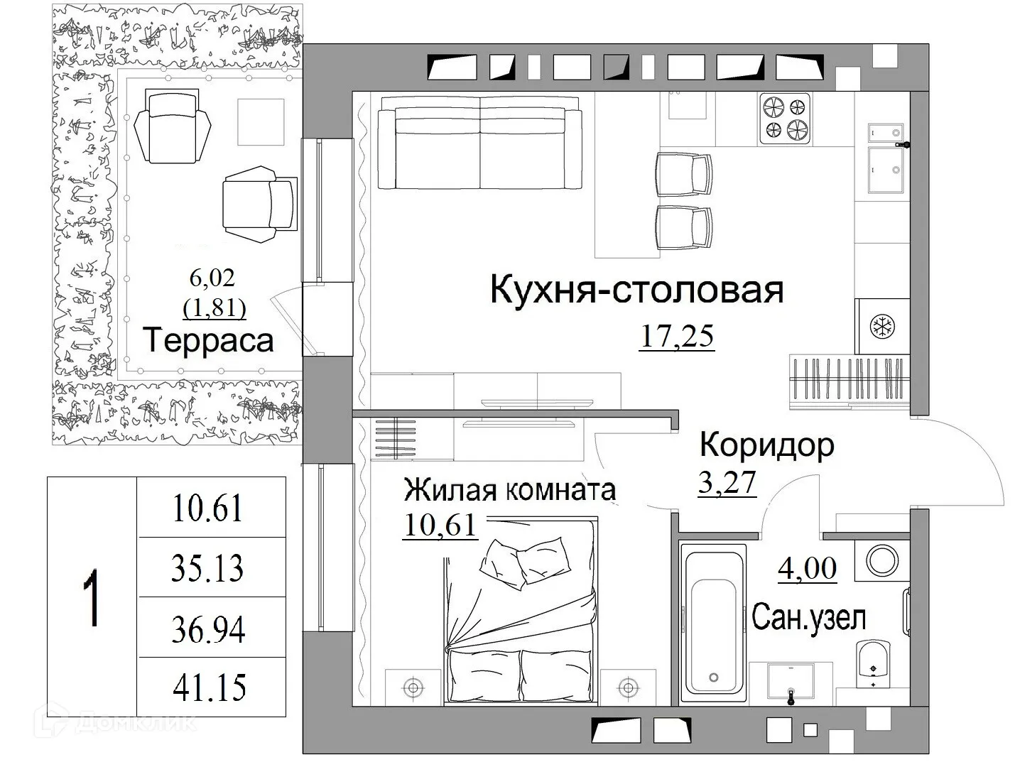Планировка 1-комнатной квартиры 36.94 м² в ЖК Жилые кварталы ОСТРОВА, г. Калуга — фото 1