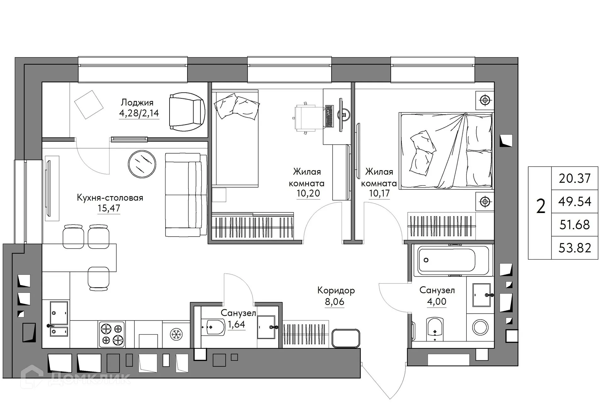 Планировка 2-комнатной квартиры 53.82 м² в ЖК Жилые кварталы ОСТРОВА, г. Калуга — фото 1