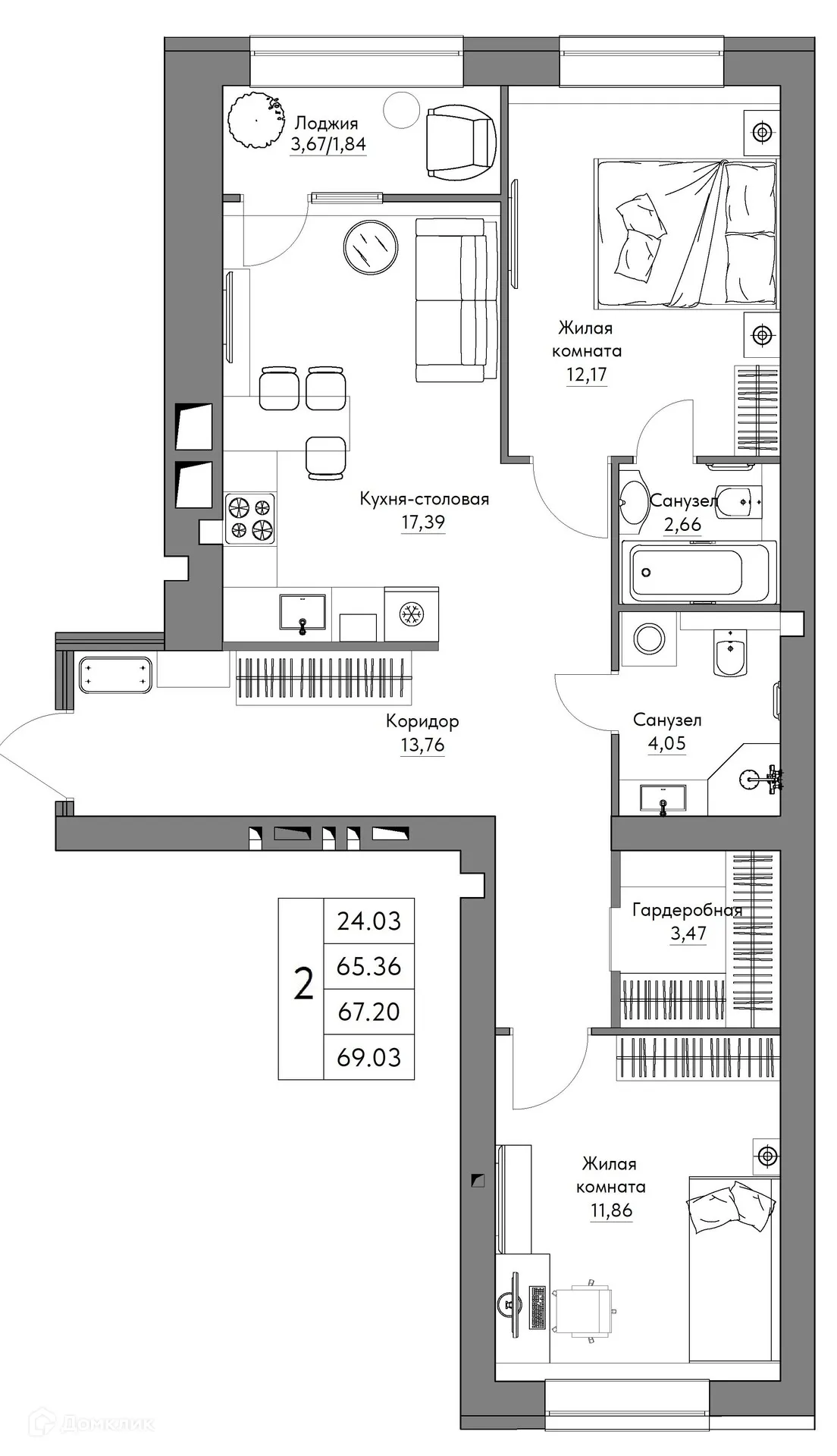 Планировка 2-комнатной квартиры 69.03 м² в ЖК Жилые кварталы ОСТРОВА, г. Калуга — фото 1