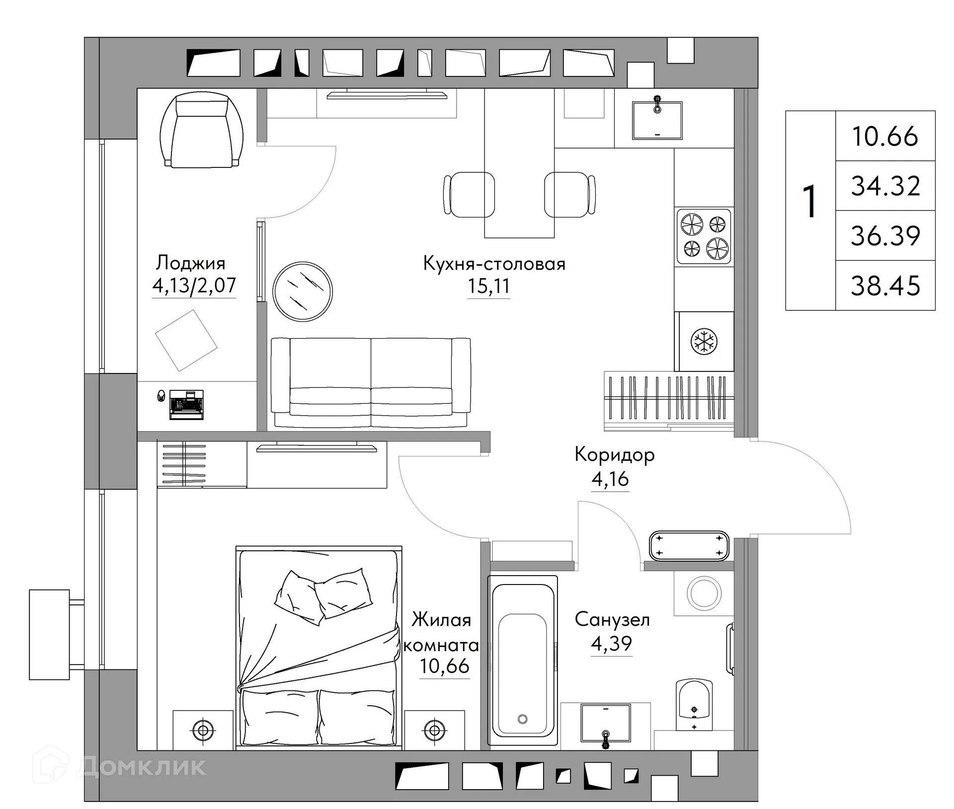 Планировка 1-комнатной квартиры 38.45 м² в ЖК Жилые кварталы ОСТРОВА, г. Калуга — фото 1