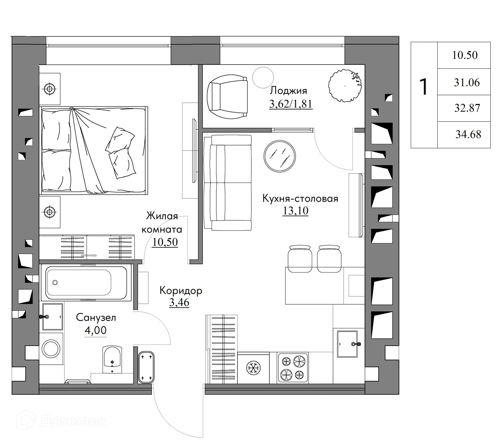 Планировка 1-комнатной квартиры 34.68 м² в ЖК Жилые кварталы ОСТРОВА, г. Калуга — фото 1