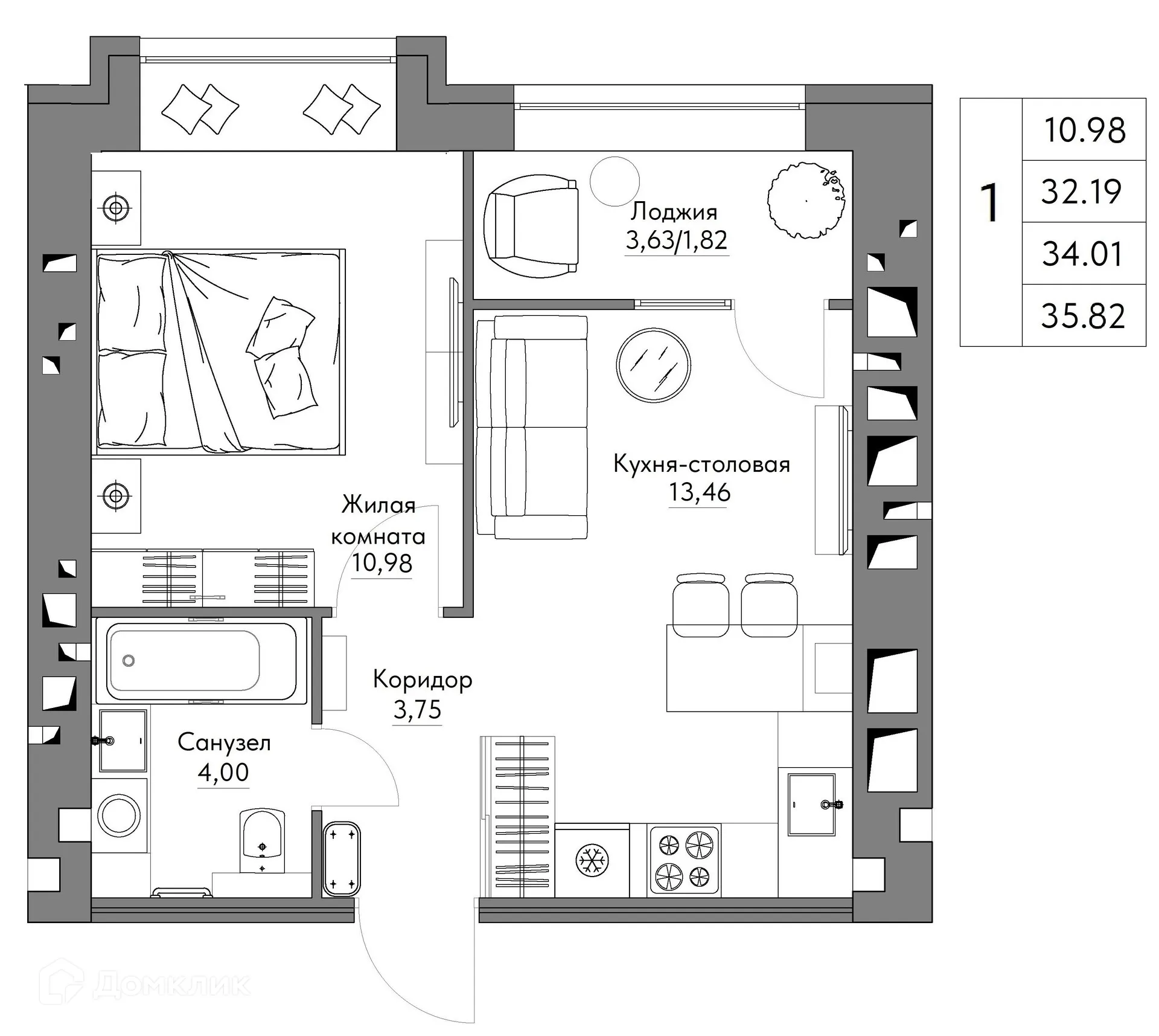 Планировка 1-комнатной квартиры 35.82 м² в ЖК Жилые кварталы ОСТРОВА, г. Калуга — фото 1