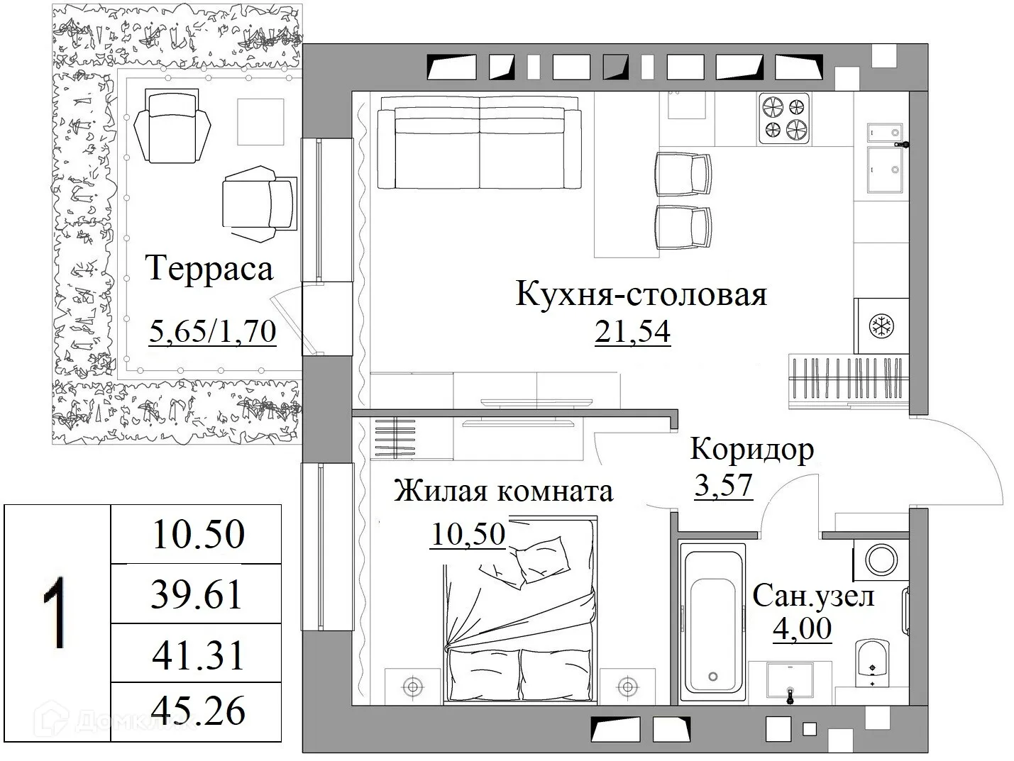 Планировка 1-комнатной квартиры 41.31 м² в ЖК Жилые кварталы ОСТРОВА, г. Калуга — фото 1