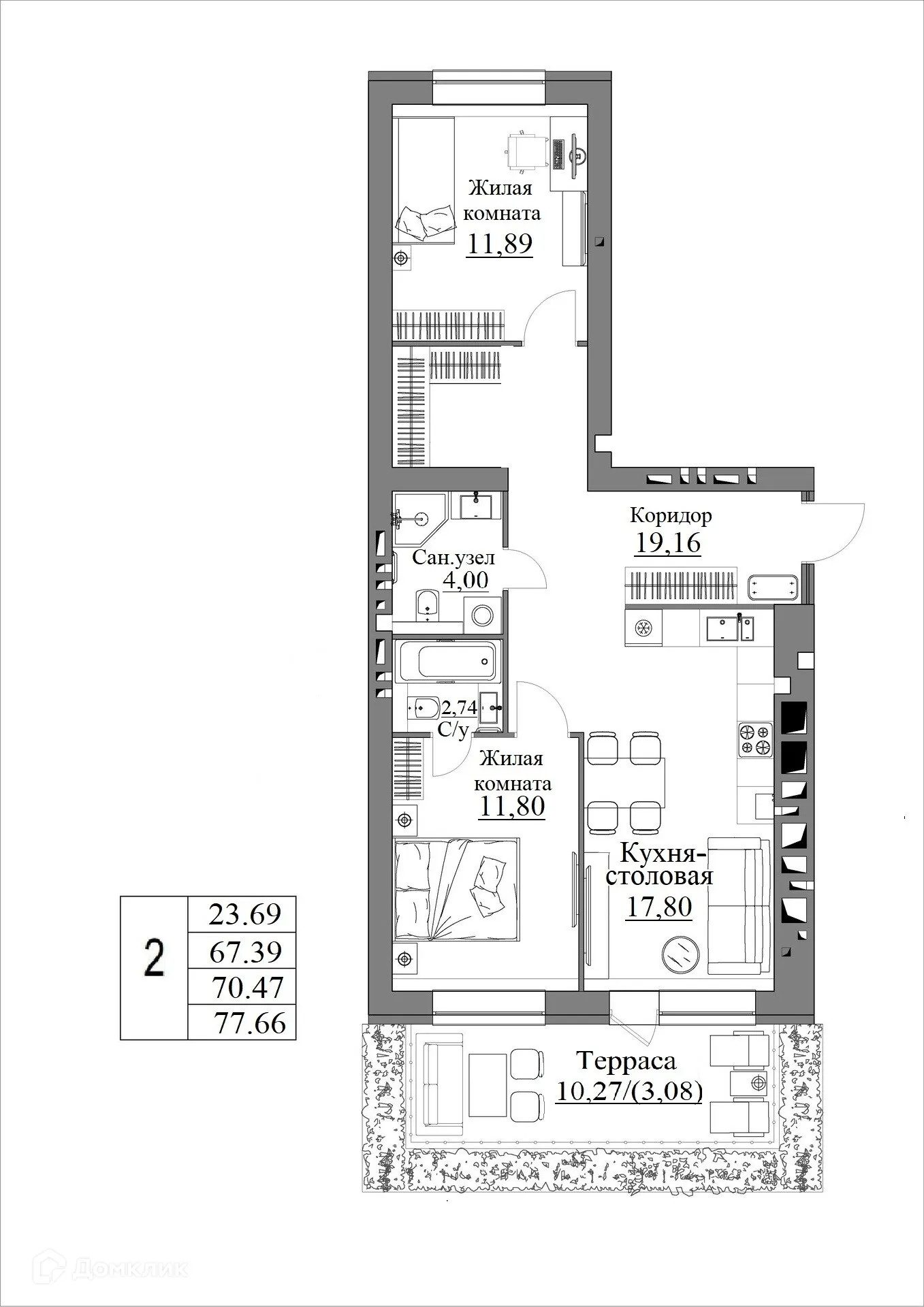 Планировка 2-комнатной квартиры 70.47 м² в ЖК Жилые кварталы ОСТРОВА, г. Калуга — фото 1