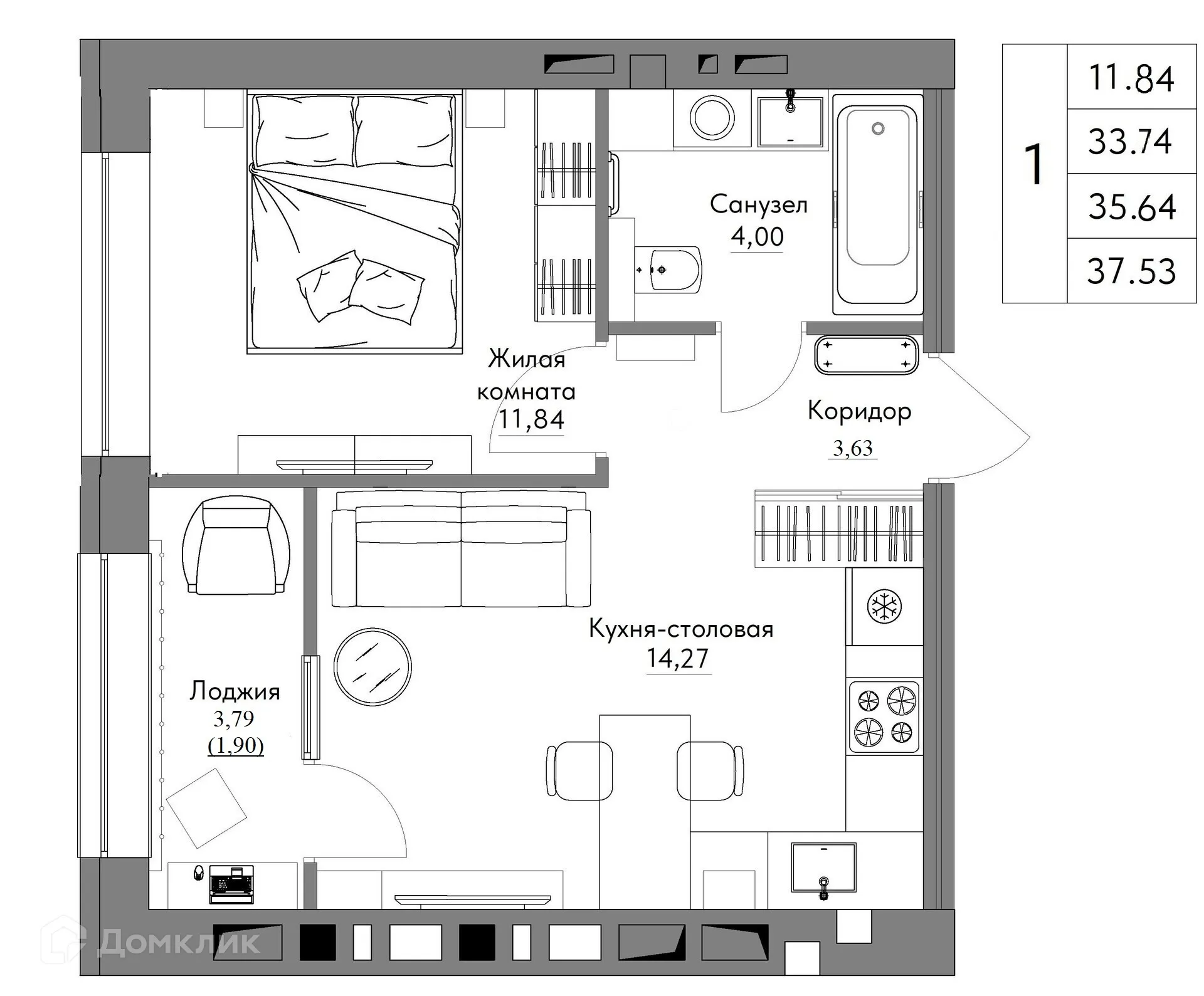 Планировка 1-комнатной квартиры 37.53 м² в ЖК Жилые кварталы ОСТРОВА, г. Калуга — фото 1