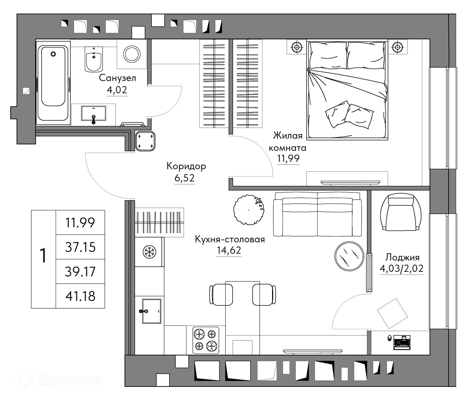 Планировка 1-комнатной квартиры 41.18 м² в ЖК Жилые кварталы ОСТРОВА, г. Калуга — фото 1