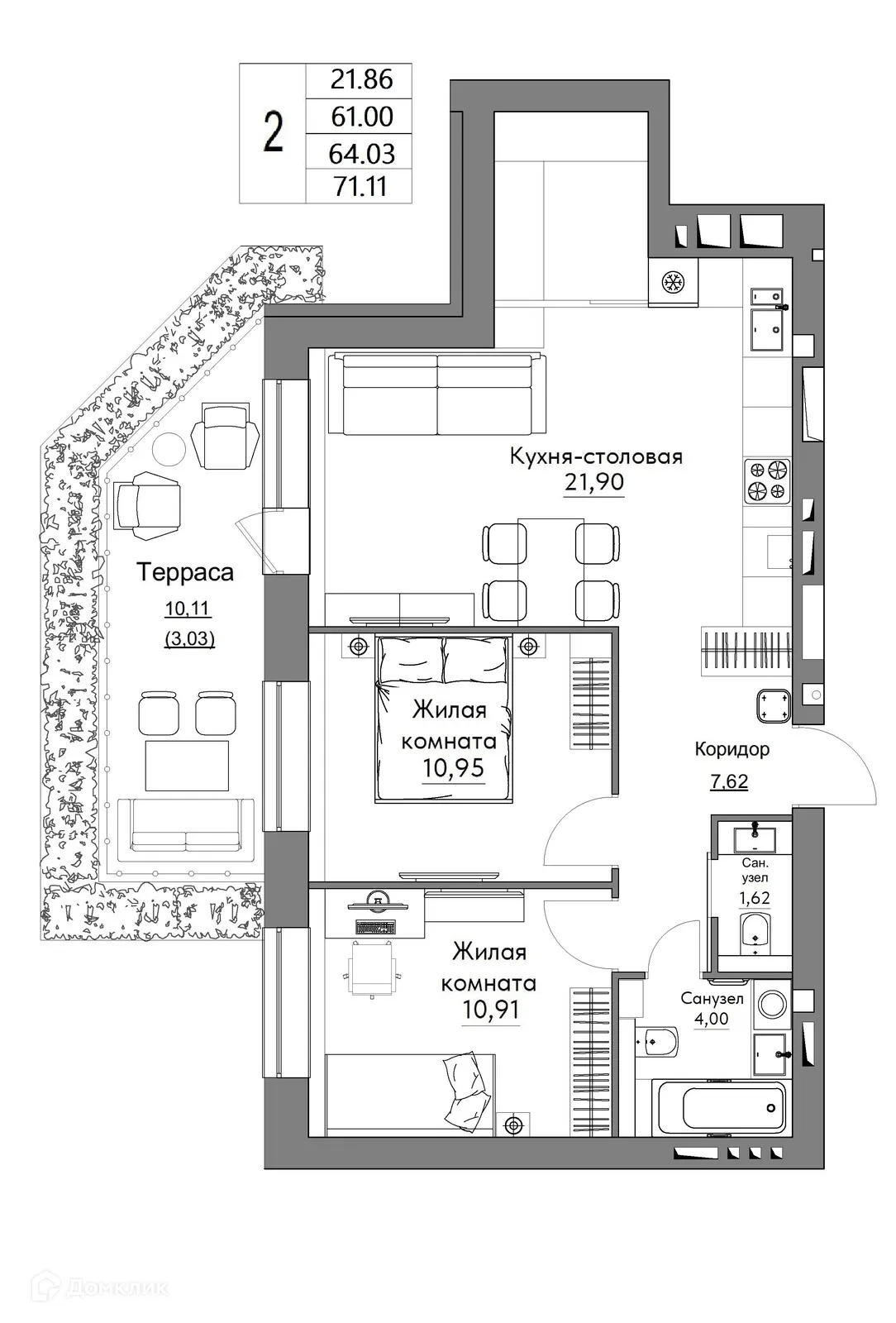 Планировка 2-комнатной квартиры 64.03 м² в ЖК Жилые кварталы ОСТРОВА, г. Калуга — фото 1