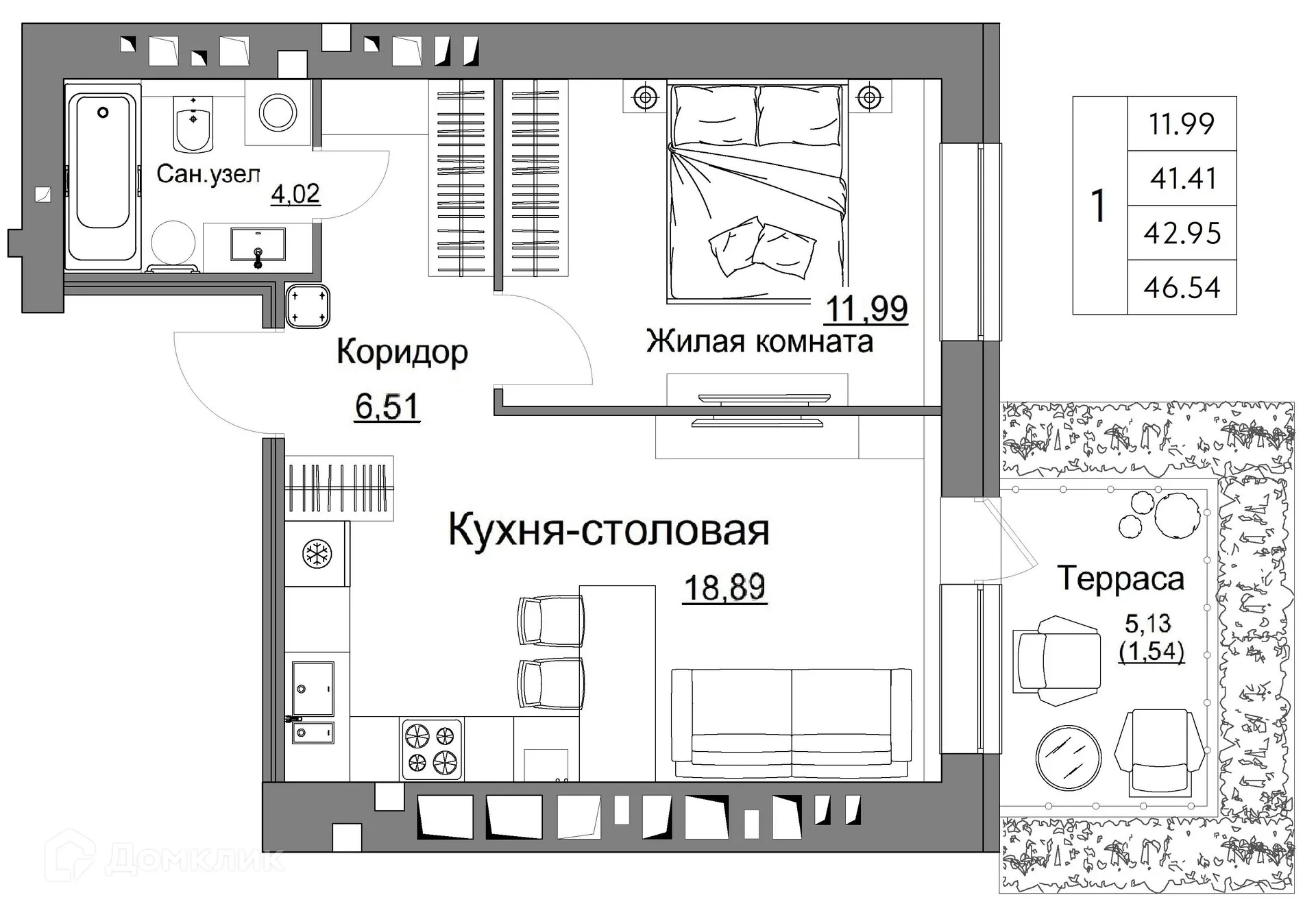 Планировка 1-комнатной квартиры 42.95 м² в ЖК Жилые кварталы ОСТРОВА, г. Калуга — фото 1
