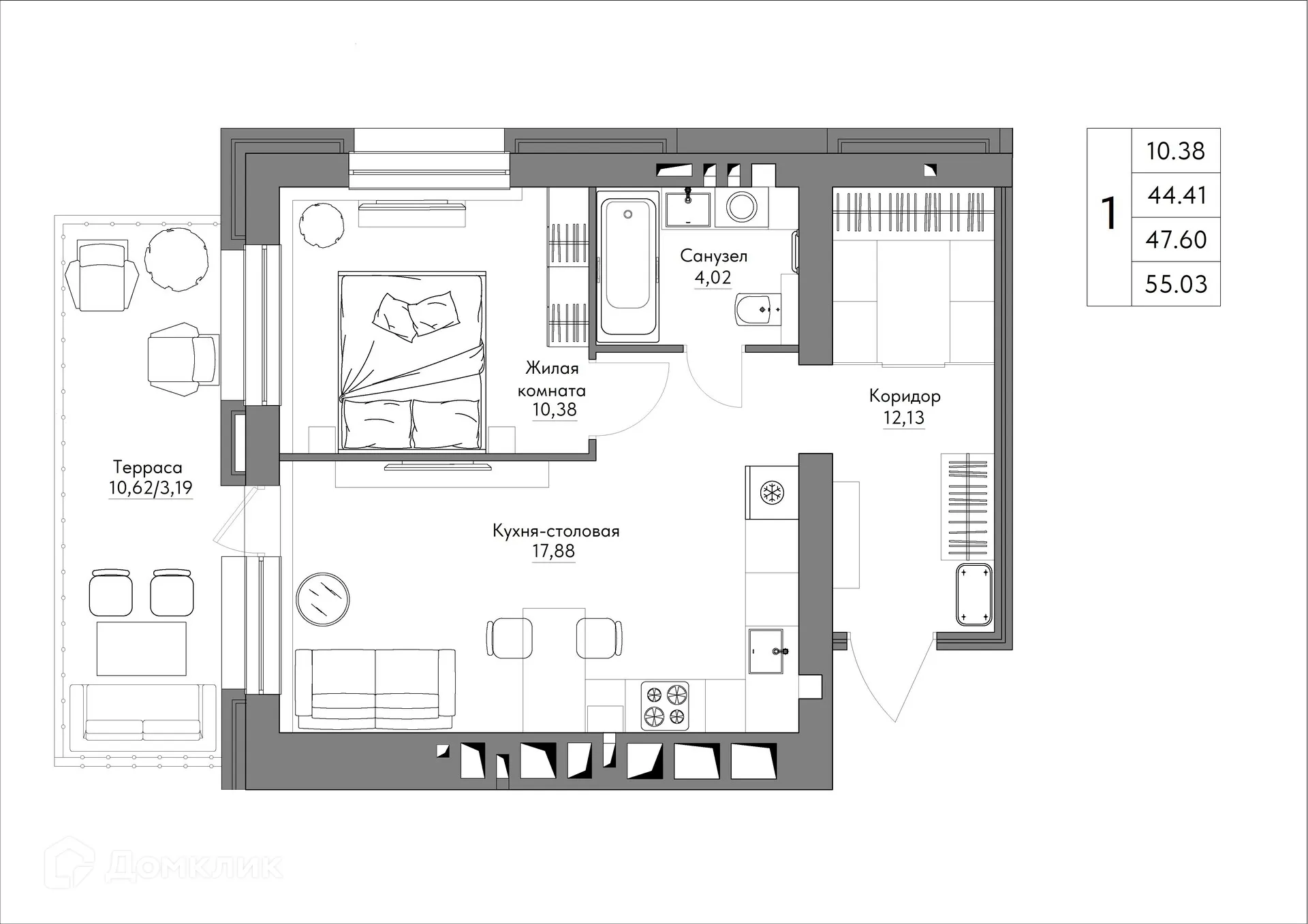 Планировка 1-комнатной квартиры 47.6 м² в ЖК Жилые кварталы ОСТРОВА, г. Калуга — фото 1