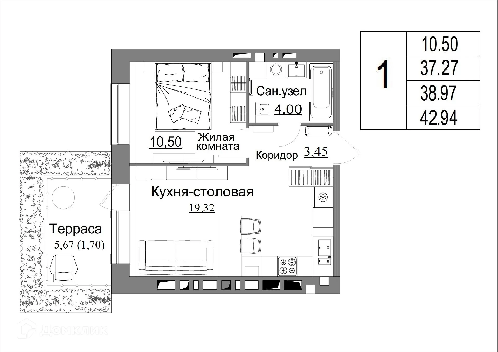 Планировка 1-комнатной квартиры 38.97 м² в ЖК Жилые кварталы ОСТРОВА, г. Калуга — фото 1