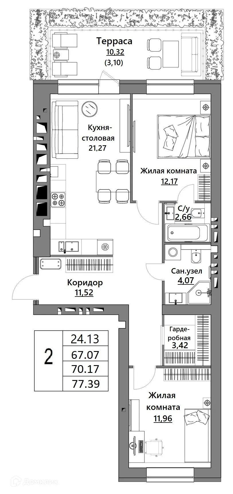 Планировка 2-комнатной квартиры 70.17 м² в ЖК Жилые кварталы ОСТРОВА, г. Калуга — фото 1