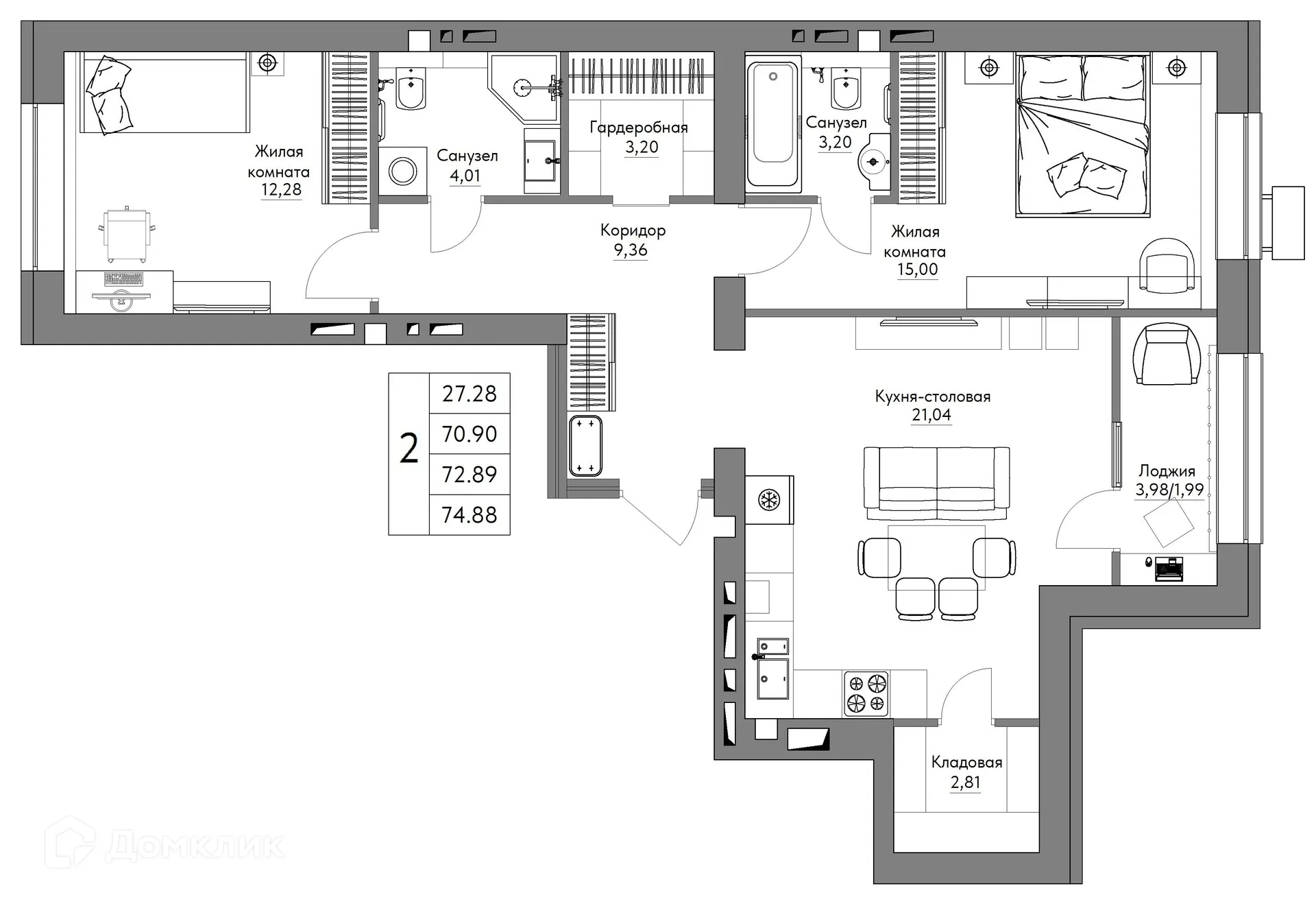 Планировка 2-комнатной квартиры 74.88 м² в ЖК Жилые кварталы ОСТРОВА, г. Калуга — фото 1