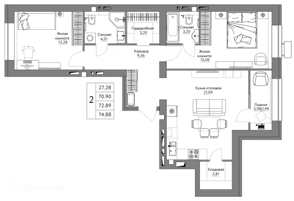 Планировка 2 комн. в ЖК Жилые кварталы ОСТРОВА