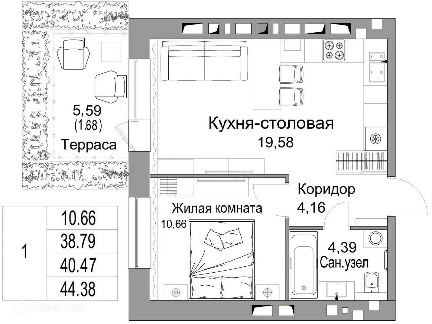 Планировка 1-комнатной квартиры 40.47 м² в ЖК Жилые кварталы ОСТРОВА, г. Калуга — фото 1