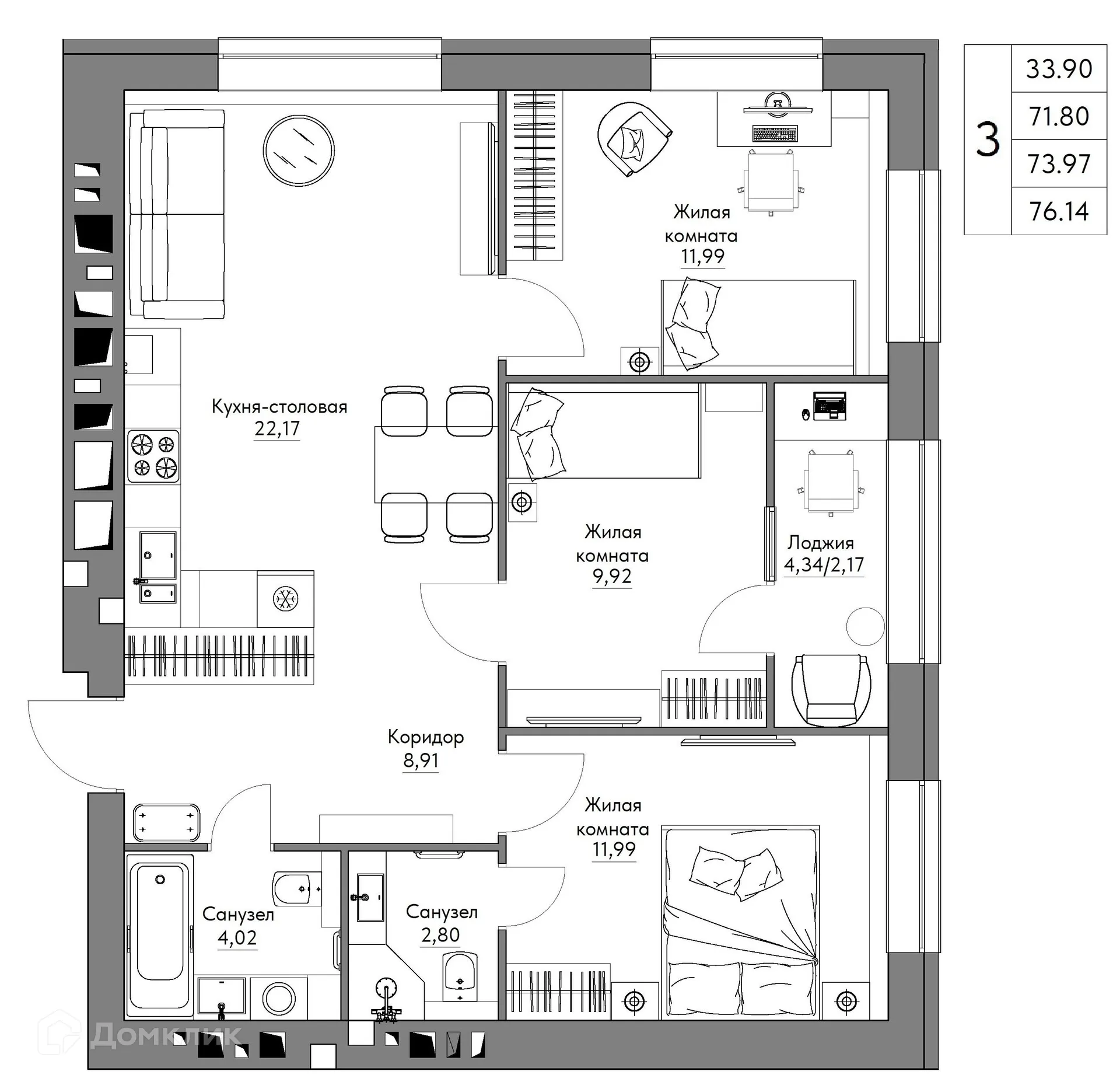 Планировка 3-комнатной квартиры 76.14 м² в ЖК Жилые кварталы ОСТРОВА, г. Калуга — фото 1
