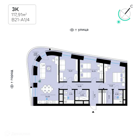 Планировка 3 комн. в СберСити - квартал В21
