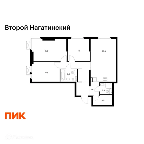 Планировка 3 комн. в ЖК Второй Нагатинский