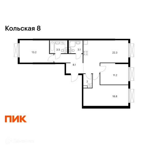Планировка 3 комн. в ЖК Кольская 8