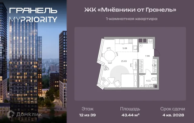 Планировка 1 комн. в ЖК MYPRIORITY (Майприорити) Мневники