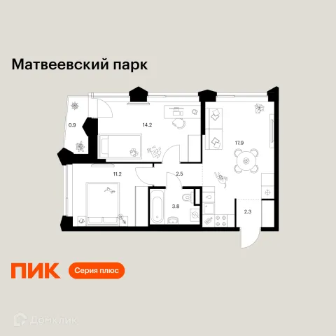 Планировка 2 комн. в ЖК Матвеевский парк