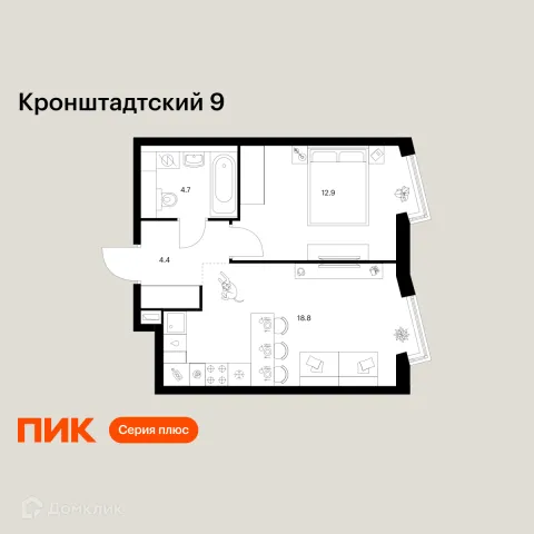 Планировка 1 комн. в ЖК Кронштадтский 9