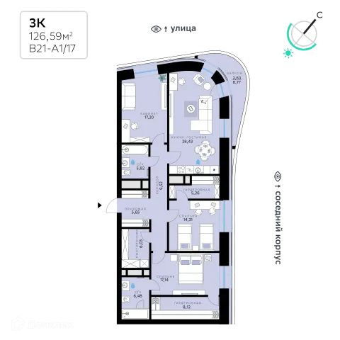 Планировка 3 комн. в СберСити - квартал В21