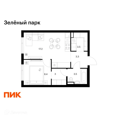 Планировка 1 комн. в ЖК Зелёный парк