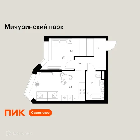 Планировка 1 комн. в ЖК Мичуринский парк