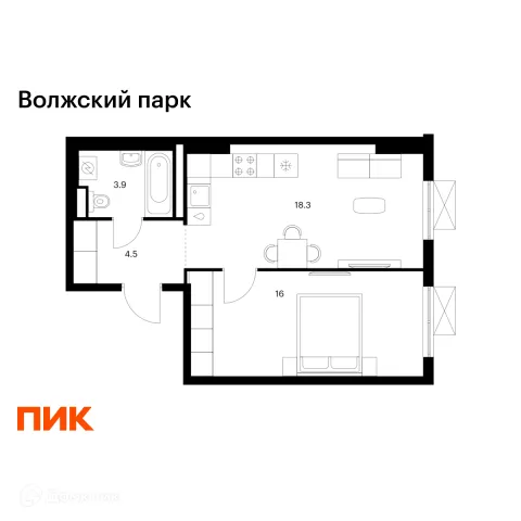 Планировка 1 комн. в ЖК Волжский парк