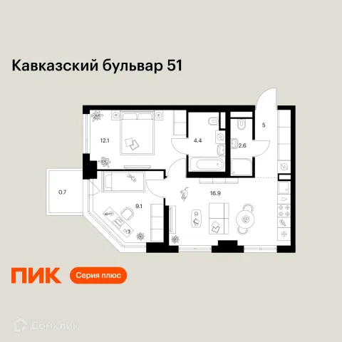 Планировка 2 комн. в ЖК Кавказский бульвар 51